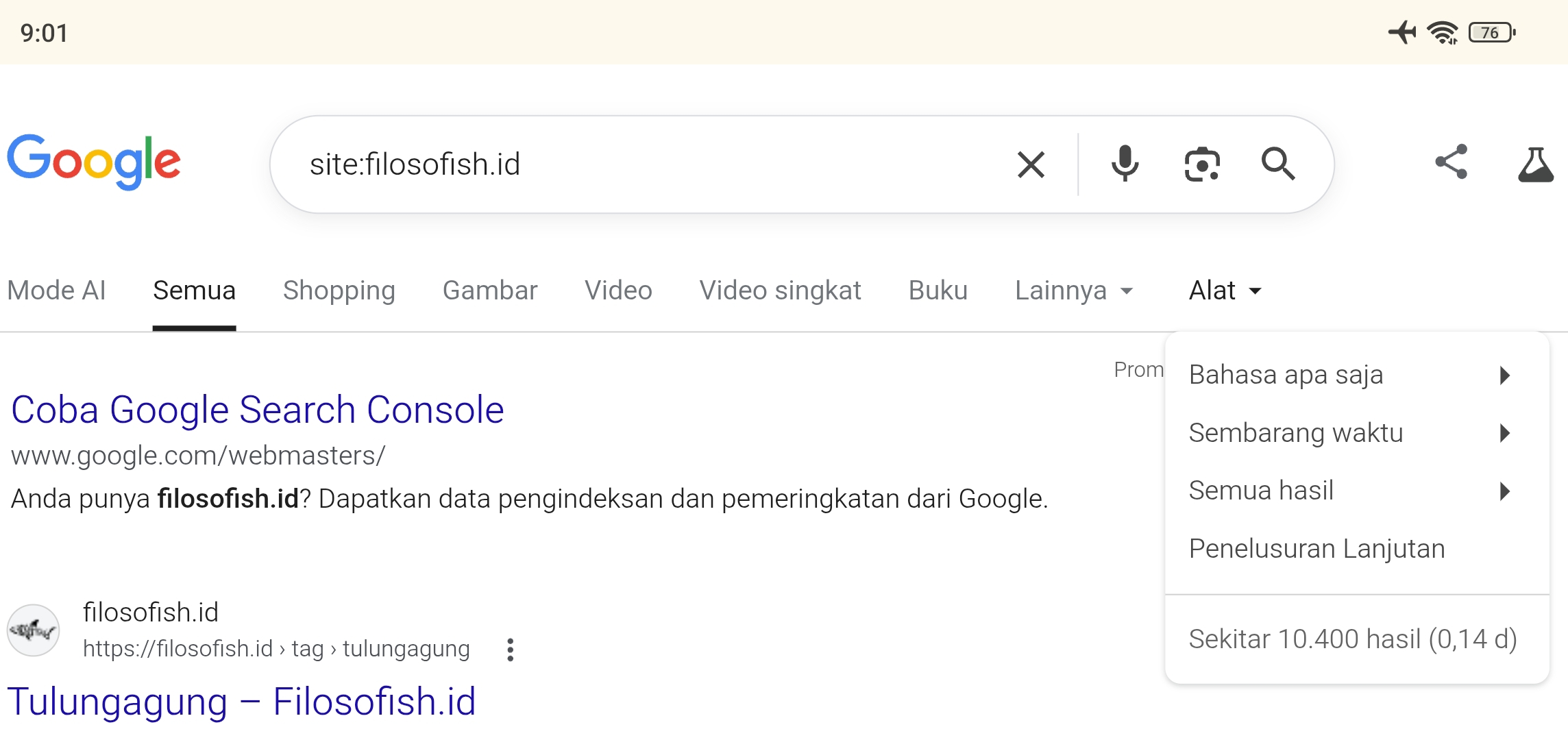 Cara melihat jumlah artikel yang terindeks Google
